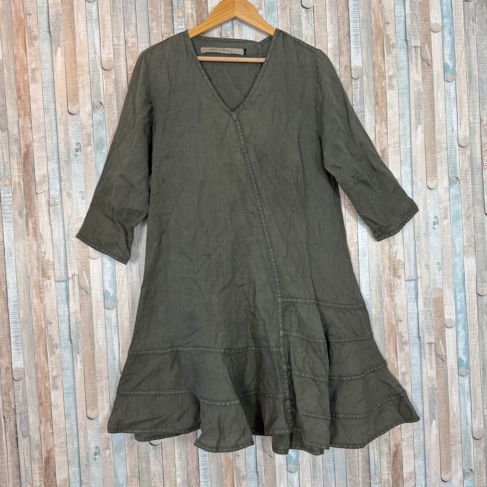 Cynthia Ashby Linen Tunic Dress Olive Green Asymmetrical Ruffle Boho Lagenlook S
